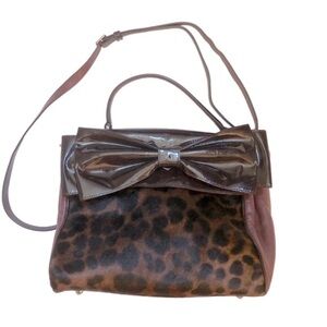 My Flat In London Brighton Burgundy Leather Leopard Print Satchel Purse Bow